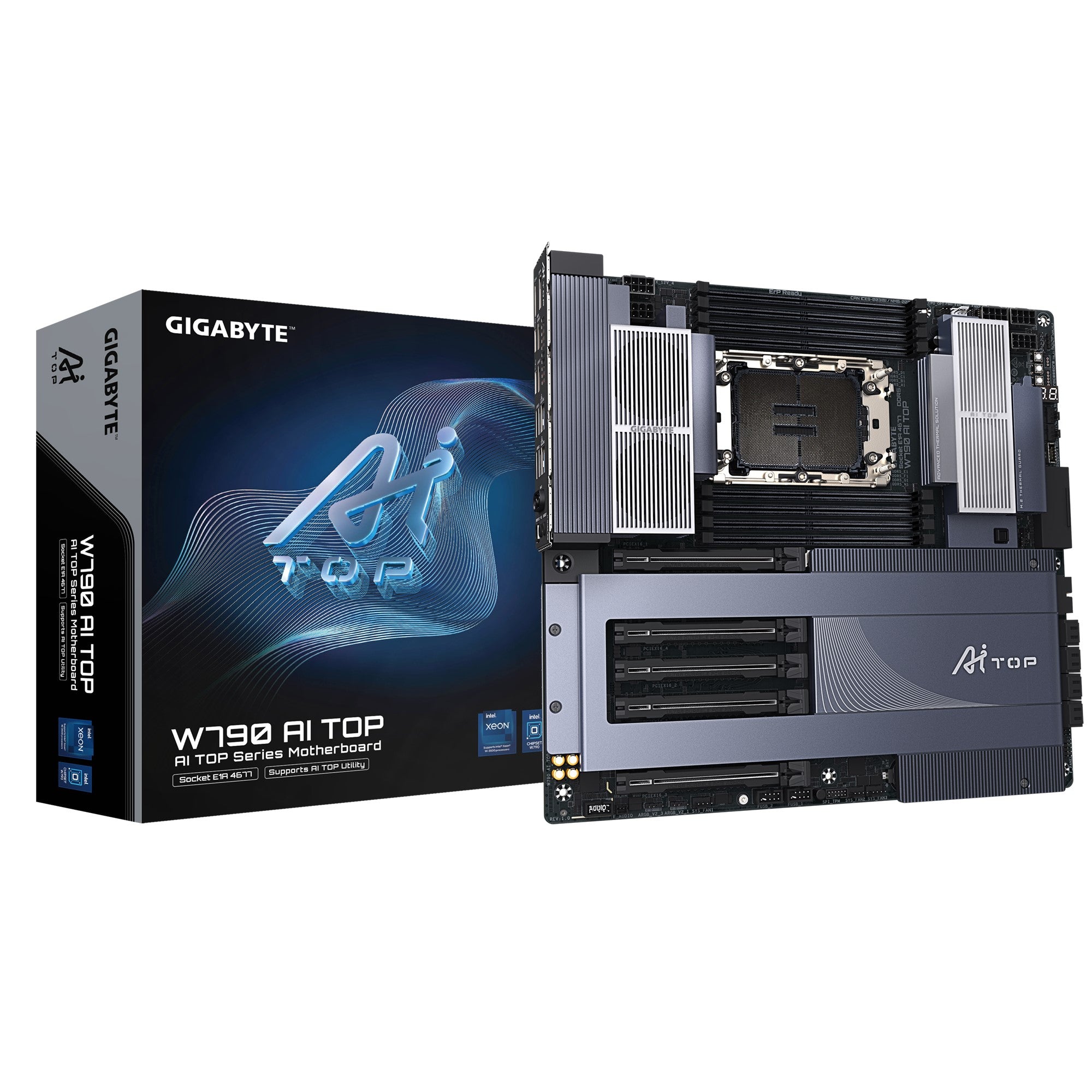 Gigabyte W790 AI TOP Motherboard, Intel W790,  5 x PCI Express x16 slots, 6x M.2,  8 x SATA, 8x USB 3.2,  1 x USB Type-C, Intel Wi-Fi 7 Gigabyte W790 AI TOP Motherboard, Intel W790,  5 x PCI Express x16 slots, 6x M.2,  8 x SATA, 8x USB 3.2,  1 x USB Type-C, Intel Wi-Fi 7